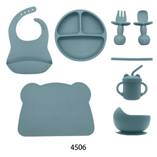 Silicone Drool Bib Supplementary Food Split Dinner Plate Bear Placemat Baby Feeding Tableware Set Bowl Fork Spoon Learning Drinking Cup