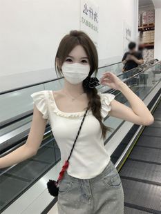 5051# summer rayon cotton small fresh square collar wooden ear aging small fly sleeve bow design short sleeve T-shirt top