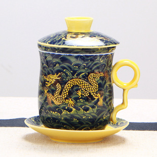 ♫ Wholesale Ceramic Cup with Lid, Retro Color Glaze Flower Paper, Office Tea Drinking Cup, Personal Conference Cup, Golden Dragon Four-Piece Cup Set