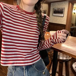 Long-sleeved T-shirt Women's Contrast Striped Autumn and Winter New Casual Slimming Short Round Neck Student Top Inner Base Shirt