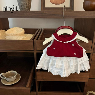 Lime South Korea Children's Wear 2025 Summer Sweet Tulip Vest Knitted Dress Korean Style Baby suit Trendy