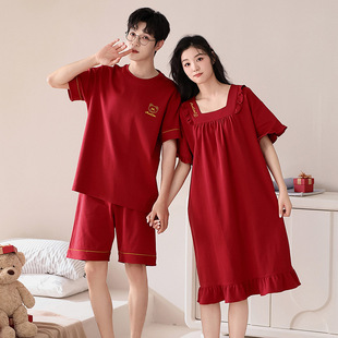 Newlywed Couple's Festive Red Pajamas Women's Princess Style Nightgown Summer Pure Cotton Breathable Men's Short-sleeved Shorts suit