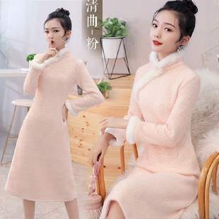 Новинка зимы 2023, милое женское улучшенное платье Cheongsam больших размеров, женская бархатная нижняя юбка средней длины