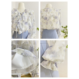 French Style Romantic Ruffled Floral Chiffon Shirt Women's Spring Design Style Long Sleeve Shirt Top