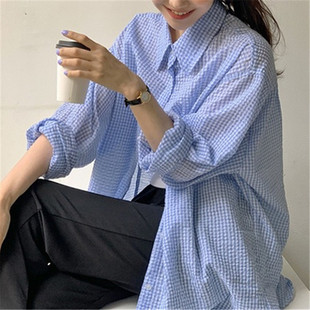 Chic Lazy Shirt Gentle Girl's South Korea Niche Spring and Summer Clothes Foam Textured Plaid Mid-length Sun Protection Clothing