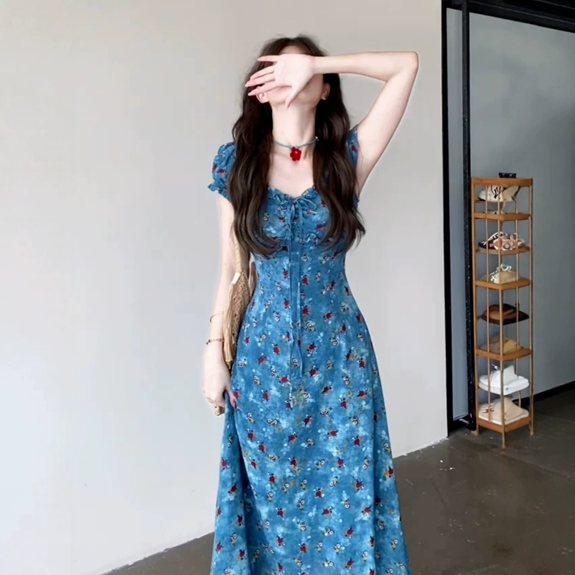 French Retro V-Neck Floral Dress for Women, Summer 2026 New Style, High-End and Elegant Long Dress for Seaside Vacation