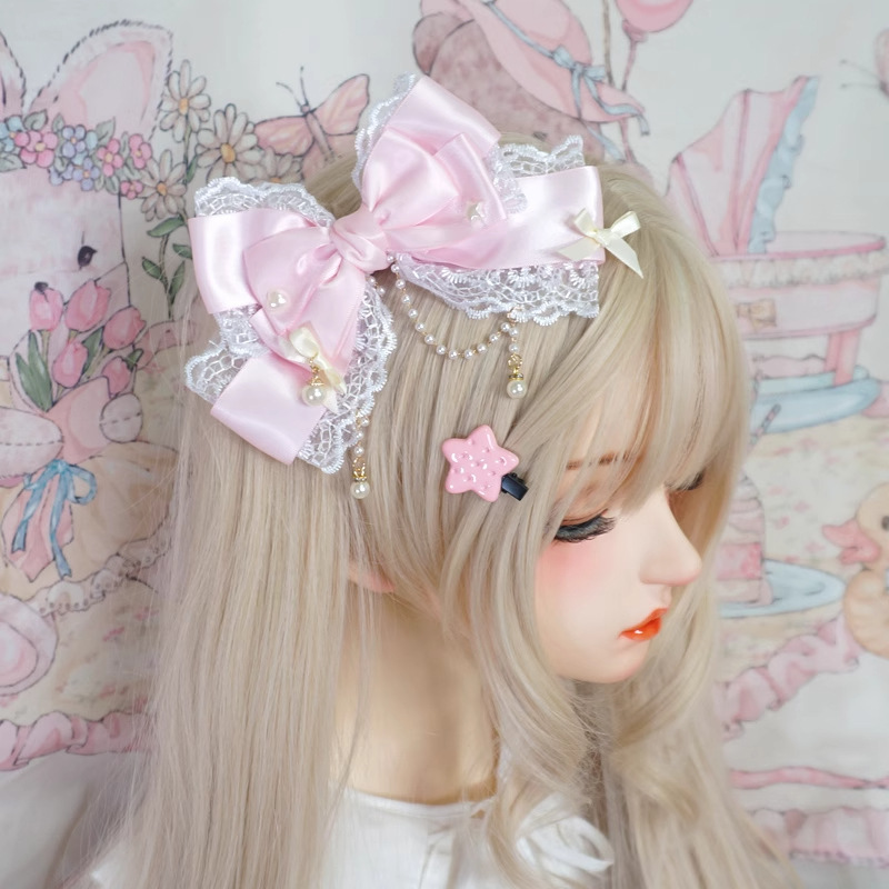 Large Lace Bow Pearl Tassel Lolita KC Hairpin Cute Princess Tiara Multi-Layer Lolita Hairpin
