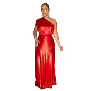 K10693 Amazon Independent Station European and American Cross-Border Women's Clothing Supply Fashionable Slant Collar Sleeveless Slim Pleated Dress
