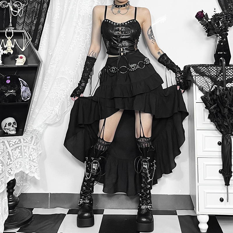 CF24030 summer 2024 new hot girl sexy tow skirt dark style American retro irregular overskirt women