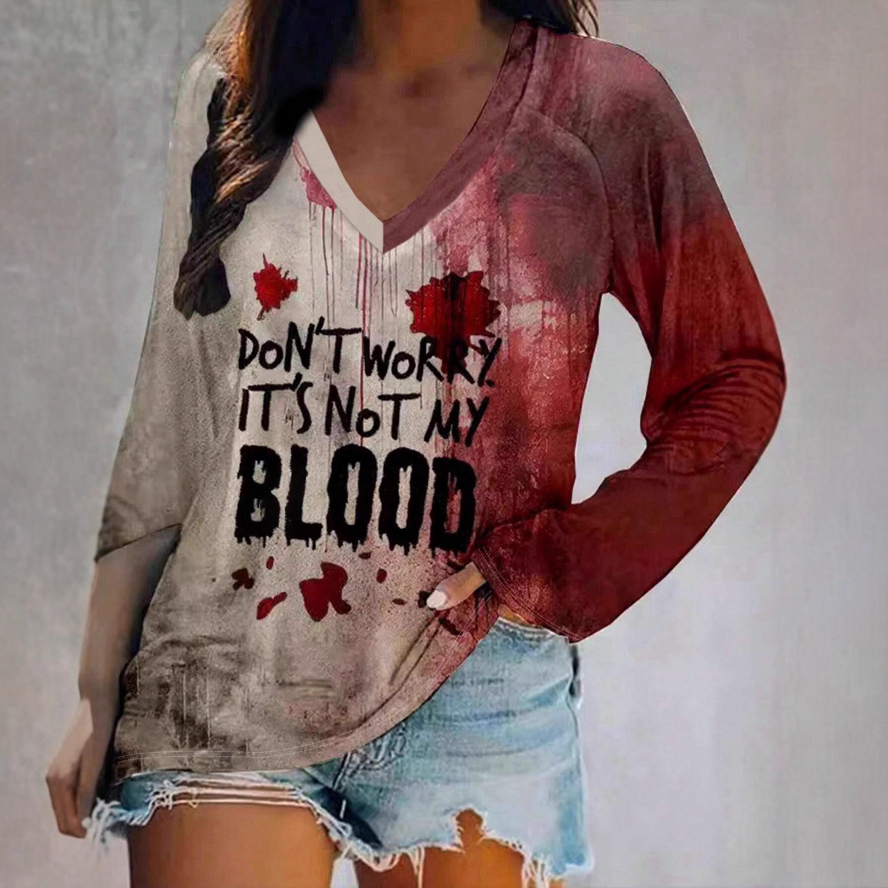2025 Autumn and Winter European and American Cross-Border New Halloween Art Graffiti Printed V Neck Long-Sleeved Women's T-Shirt