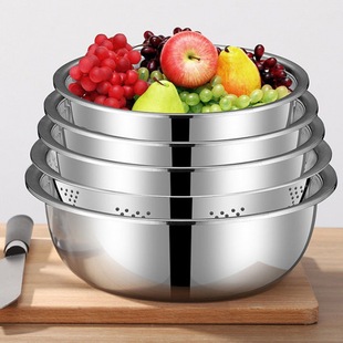 Five-Piece Set Kitchen Dipper Round Deepened and Noodle Soup Basin Household Stainless Steel Basin Thickened Vegetable Washing