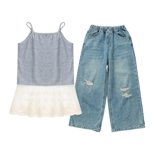 Girls' Summer All-match Sling Shirt Children's Wear Girls' Lace Stitching Skirt Stacked Base Sling Middle-large Children's Vest