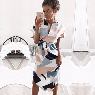 AliExpress ebay Amazon wish Hot Sexy V-neck Square Printed Mid-length dress