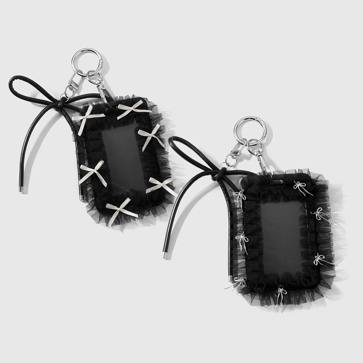 Y2K Stylish Fashion Dark Style Black Leather Bow Lace Card Holder Keychain Bag Pendant