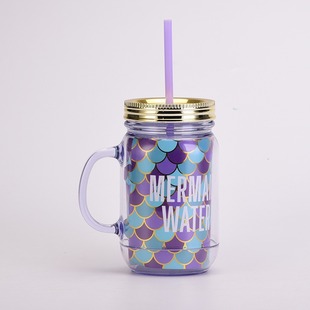 New cross-border double-layer alphabet mermaid straw plastic cup large capacity summer outdoor portable water cup