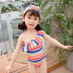 Girls' one-piece swimsuit children's swimsuit baby children's one-shoulder bow striped swimsuit cute swimsuit wholesale