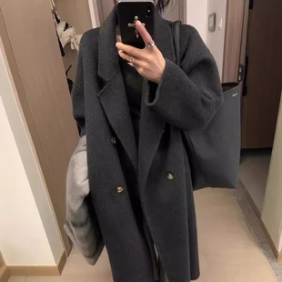2024 autumn and winter new carbon black long hair thickened short double-sided wool coat women's extended wool coat