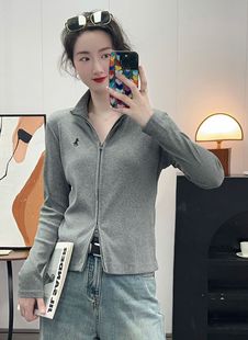 Autumn 2024 New Korean Double Zipper Embroidered Casual Collar Cardigan Long Sleeve Coat 3870