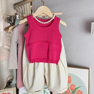 Girls' suit 2024 Summer Korean style western style knitted vest fashionable children's casual sleeveless top L55077