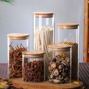 Wholesale borosilicate round storage jar transparent glass bamboo cover tea sealed jar kitchen multi-grain storage jar