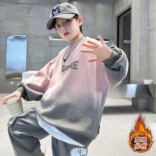 Boys' fleece-lined Sweater Spring and Autumn 2024 New Western Style Children's Fried Street Autumn Top Boy's Base Shirt Thickened