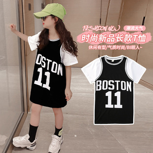 Girls' Summer Dress Fake Two-piece Dress 2023 New Style Middle and Big Kids Girls' Ball Dress Letter Printed T-shirt Mid-length Dress