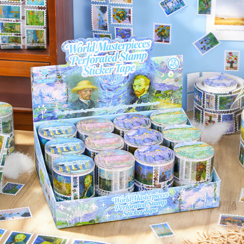 Powerful manufacturer wholesales Van Gogh oil painting stamp stickers and tape, 4 styles available for DIY decoration sticker rolls in gift boxes