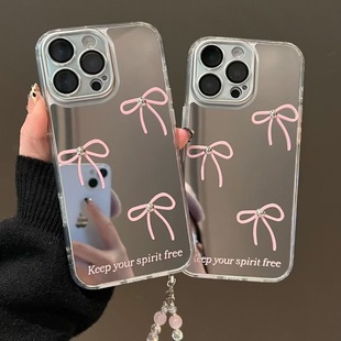 Fine hole mirror three-dimensional pearl bow iPhone16 apple 15 for 13/14pro max phone case 11