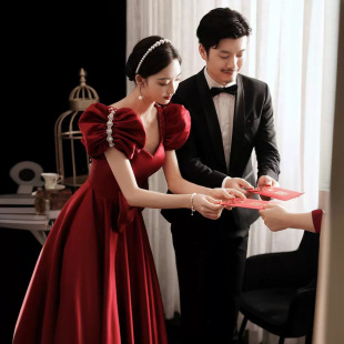 Toast Clothing Escape Princess Puff Sleeve 2024 New Spring and Summer Elegant Wedding Wine Red Bride Engagement Evening Dress