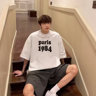 2024 American Retro T-Shirt Printed Short-sleeved Men's Trendy Brand oversize Small Collar Half-sleeved Couple Half-sleeved