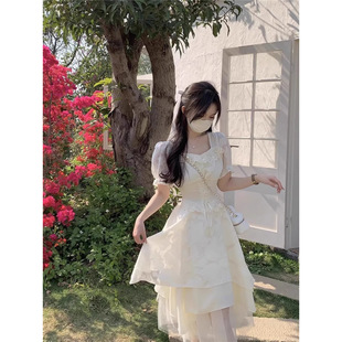 Summer New Design Sense Short-sleeved dress Women's Clothing French Niche Tight Waist Tea Break Long Dress Sweet Long Dress