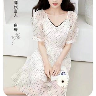 White Deer Star 2024 Summer New Fashion Polka Dot dress Hepburn Style French Bubble Sleeve Short Chiffon Dress