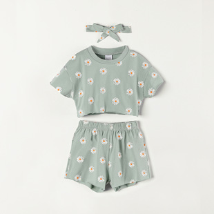Amazon Hot Explosions Children's Wear 1-5 Years Old Bat Sleeve Daisy Printed Set + Hair Band