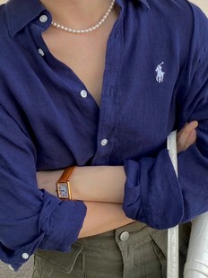 Cross-border RL Sweep Size Linen Shirt Men's and Women's Same Style Pony Embroidered Old Qian Feng Chao Brand Cotton and Linen Shirt