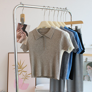 SofT and ComforTable ~ polo Collar TighT ShorT-sleeved KniTwear for Women Early AuTumn VersaTile High-waisTed ShorT T-shirT BoTToming ShirT Top