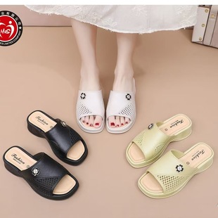 Fashion trend solid color breathable high-heeled women's slippers home wear elegant mother shoes sandals wholesale