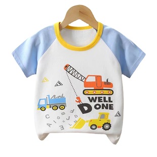 Korean-style Children's Wear Cartoon Printed Colorblock Short-sleeved T-shirt Baby's Contrast Shoulder Top Stall Clothing Summer Children
