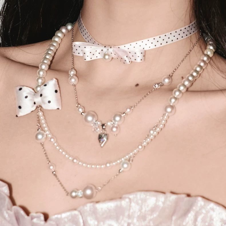 2026 New Polka Dot Miu Style! Unique Satin Bow Girl's Pearl Necklace Layered with Long Sweater Chain