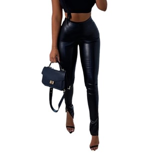 European and American Foreign Trade women's new PU leather pants Sexy Slim fit slightly split casual trousers for women 8379