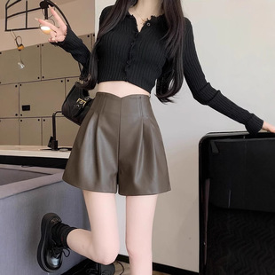 High Waist U Leather A- Shaped Casual Wide-Leg Shorts Women's 2024 Autumn and Winter New Style Outer Wear Elegant Slimming Straight Boots Pants