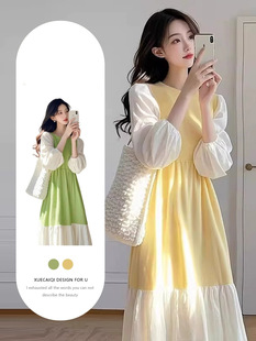 In the spring of 2025, this year's explosions are popular and high-end, super-good-looking, elegant, golden and yellow stitching dress women's dresses