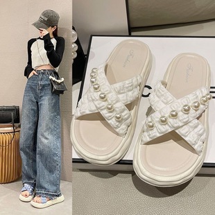 Fairy-style Pearl Slippers Women's Summer New Fashion Platform Thick Bottom Dissolving Shoes Non-slip Outer Wear Beach Sandals
