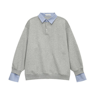 Korean Style Fake Two-piece Contrast Color Stitching fleece-lined Sweatshirt Spring and Autumn New Long-sleeved Men's and Women's Lapel Loose Pullover Top