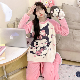 Girls' Pajamas Autumn and Winter Flannel Thin Velvet Middle and Large Children's Home Clothes Adolescent Students Parent-Child Children Girls