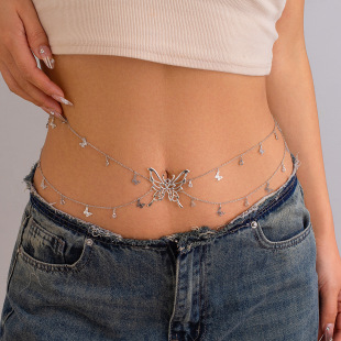 Sweet Cool Spice Girl Style Tassel Butterfly Pendant Double Waist Chain Women's Sexy Street Shooting European and American Single Circle Metal Body Chain