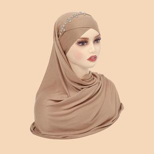 Amazon new mercerized cotton cross rhinestone headscarf cap solid color strap headscarf women's scarf cap