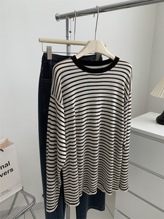 Lanjing Tencel Striped Sunscreen Blouse Women's 25 Spring/Summer Loose Korean Style Large Round Neck Ice Silk Knitted Long Sleeve T-Shirt