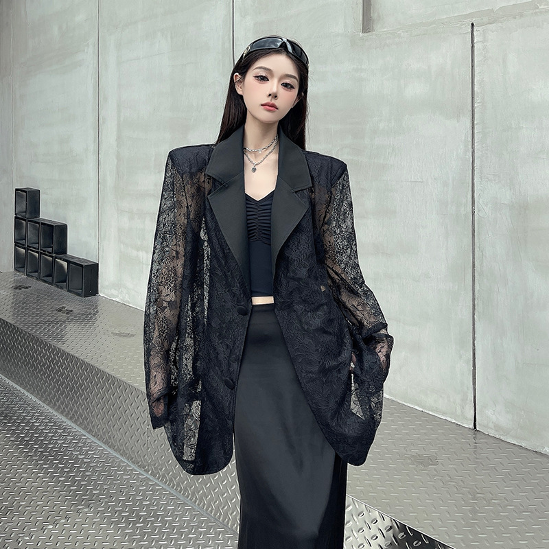 Real Shot, Niche Design, Jacquard Splicing, Cut Out Suit Jacket, Women's Summer Thin Sun Protection Shoulder Pad Suit