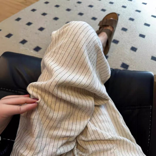 Summer slack pants linen high waist elastic comfortable breathable wide leg pants women's slim striped casual pants
