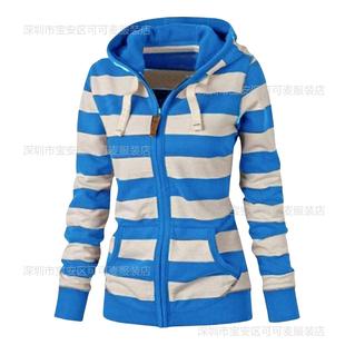 Независимая станция ebay Трансграничная внешняя торговля Европа осень и зима с длинными рукавами карманы на молнии веревки в полоску с капюшоном свитер куртка женщина